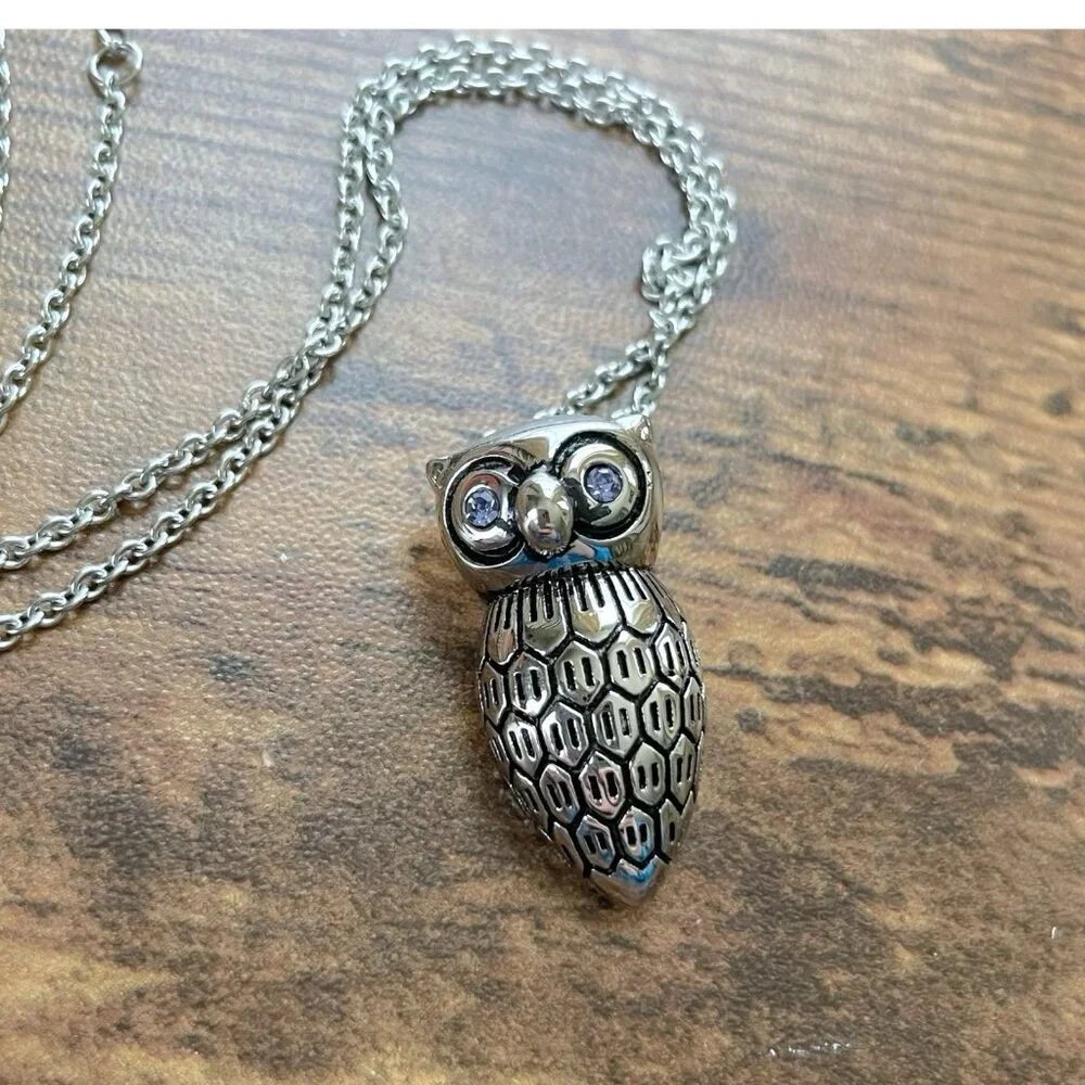 DSMK Silver Tone Stainless Steel Owl Pendant Necklace Crystal Eyes Designer